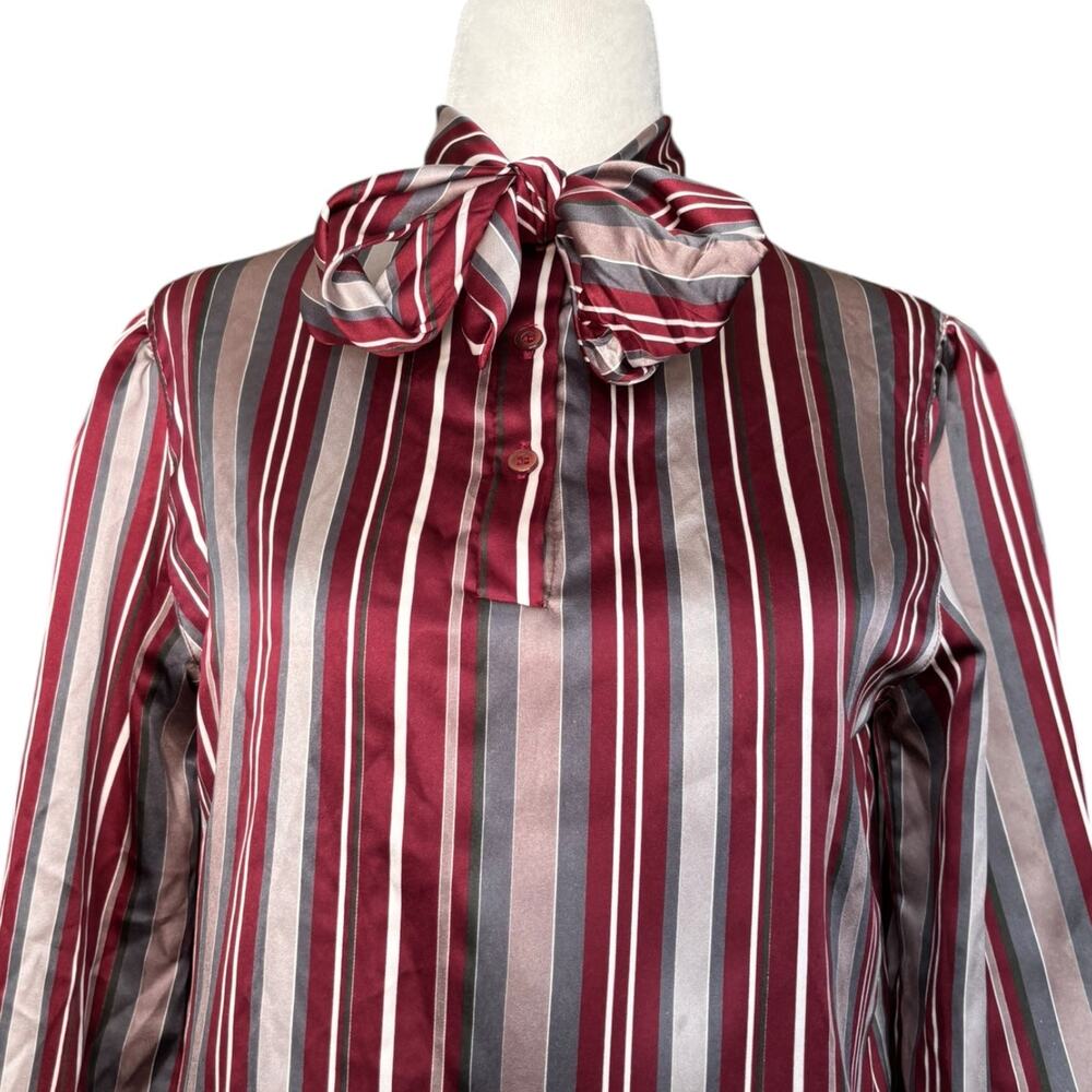 Vintage Burgundy Striped Secretary Bow Blouse Satin Preppy Dark Academia Office